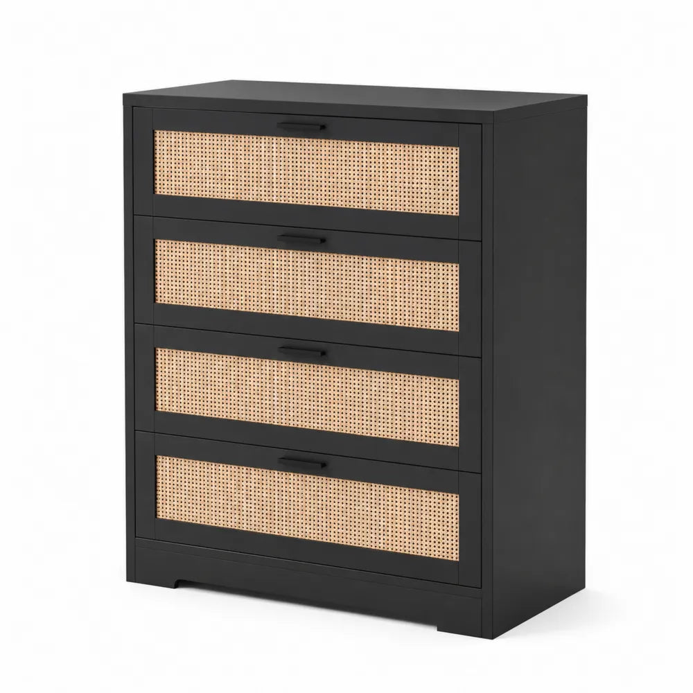 Cassettiera in legno e rattan 4 cassetti