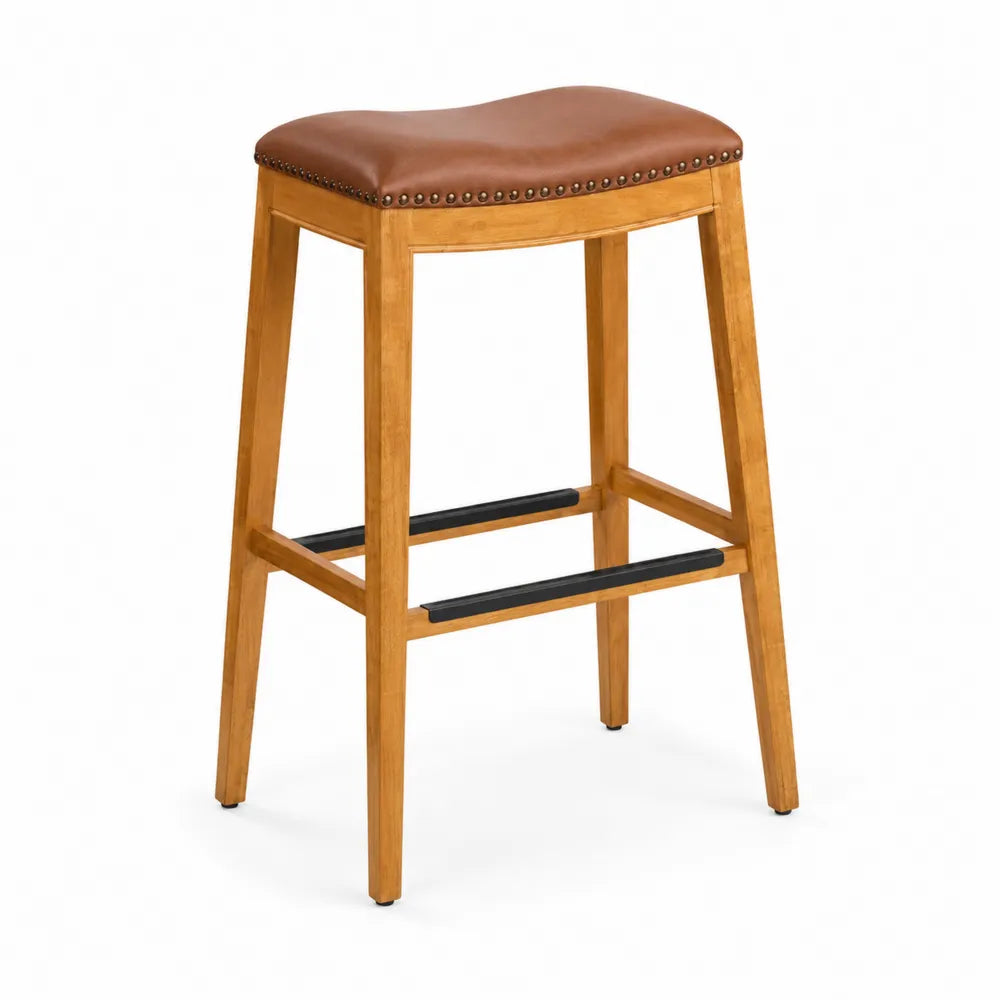 Sgabello Bar in Legno con Seduta in Pelle PU Marrone