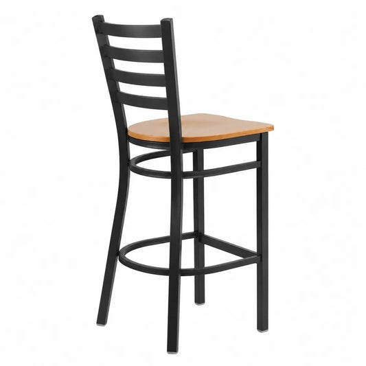 Sgabello da bar in metallo nero e sedile in legno