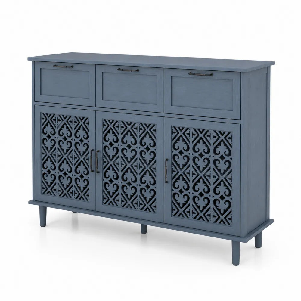 Credenza in legno MDF blu con ante intagliate e 3 cassetti