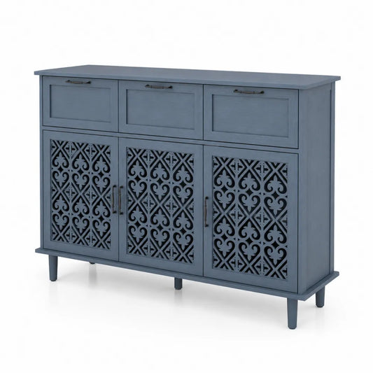 Credenza in legno MDF blu con ante intagliate e 3 cassetti