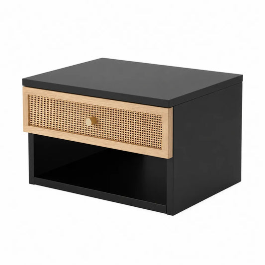 Comodino in Legno Nero con Cassetto in Rattan Naturale
