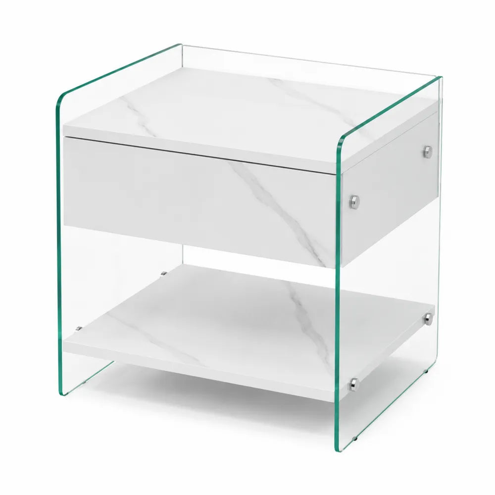 Comodino in legno MDF e vetro temperato bianco