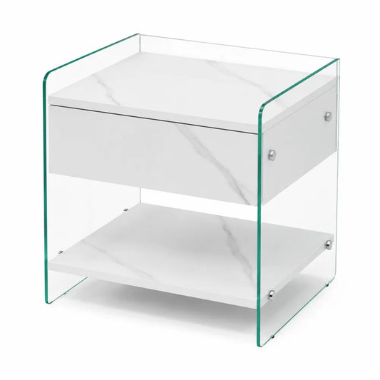 Comodino in legno MDF e vetro temperato bianco